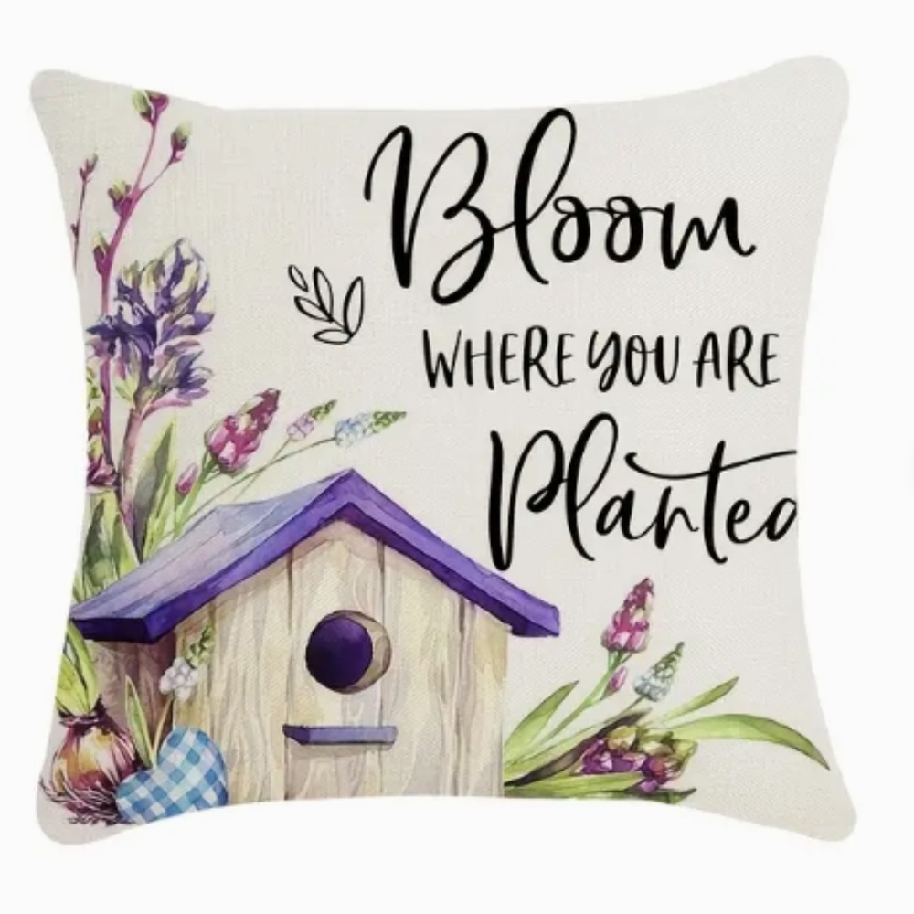 NEW SPRING/EASTER BLOOM WHERE YOU ARE PLANTED BIRDHOUSE LINEN PILLOW COVER 17.7"